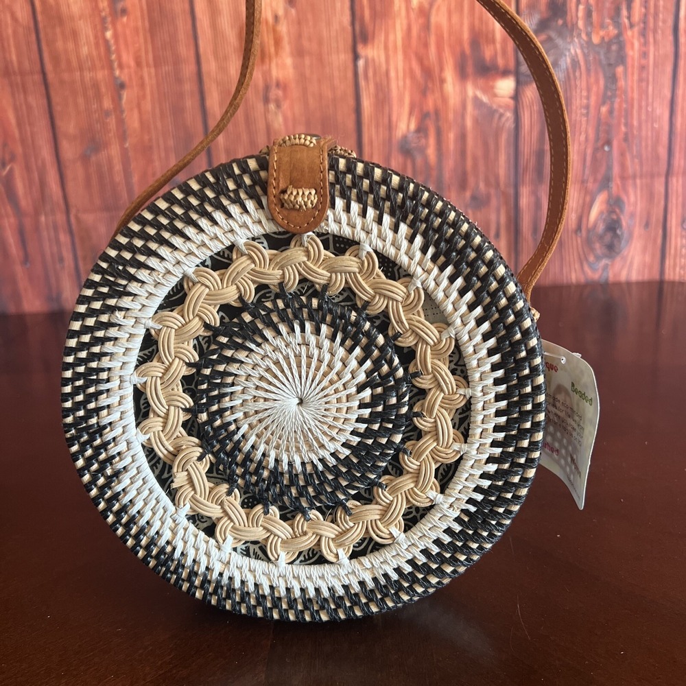 Handmade Woven Cross Body Purse Beach Round Rattan Bag for WomeN